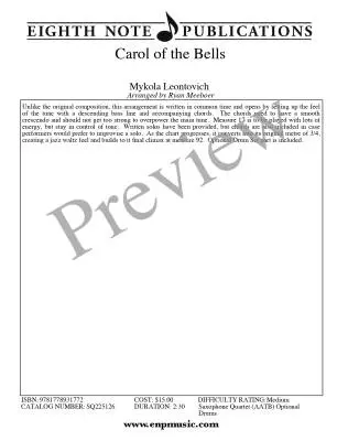 Carol of the Bells - Meeboer - Saxophone Quartet (AATB)/Opt. Drums