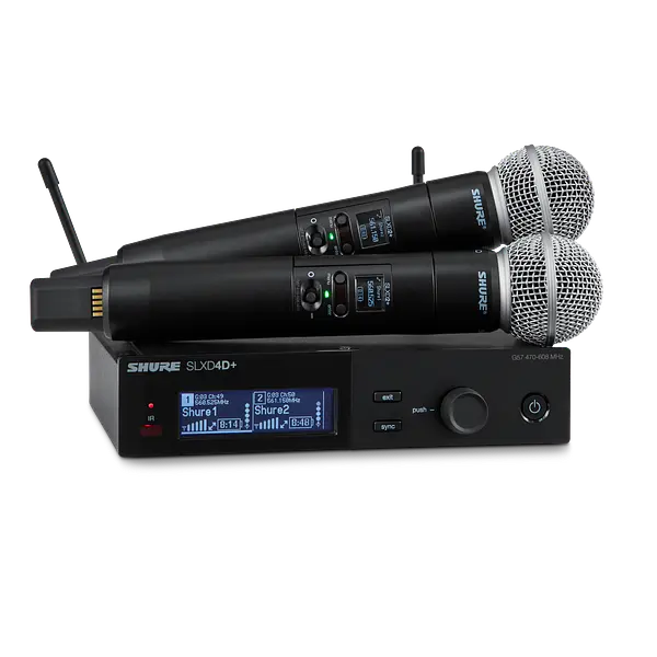 SLXD24D+ Dual Channel Digital Wireless Handheld System with SM58 Cardioid Dynamic Microphone Capsules.