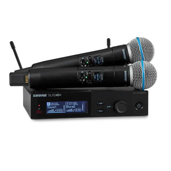 SLXD24D+ Dual-Channel Digital Wireless Handheld system with Beta 58A Supercardioid Dynamic Microphone capsules.