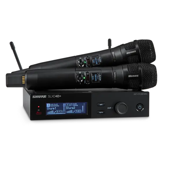 SLXD24D+ Dual Channel Digital Wireless Handheld System with Nexadyne 8/C Cardioid Dynamic Microphone capsule.