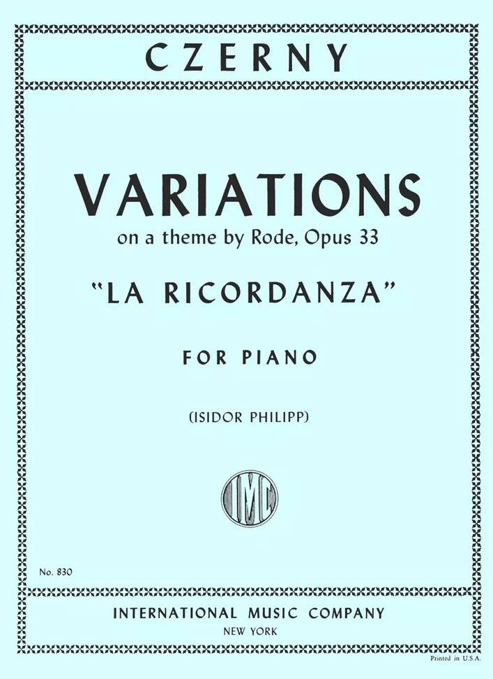 Variations \'\'La Ricordanza,\'\' Op. 33 - Czerny - Piano - Book