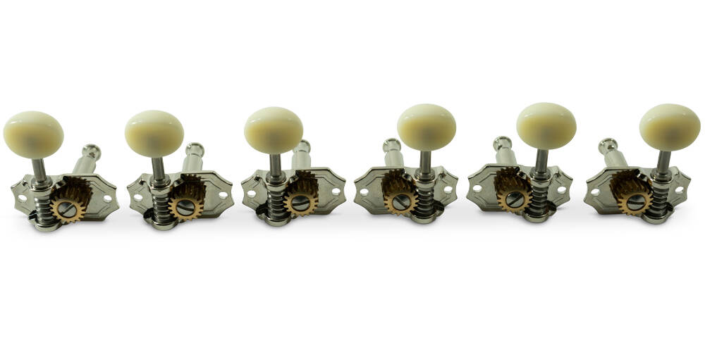 3 Per Side Prestige Series Vertical Mount Open Bronze Gear Tuning Machines - Nickel with Parchment Plastic Buttons