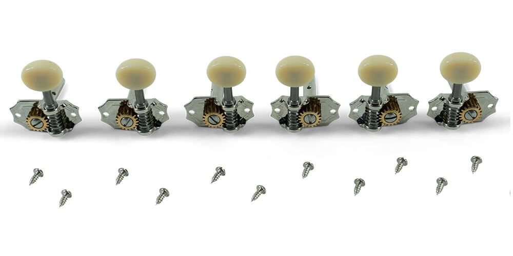 3 Per Side Prestige Series Horizontal Mount Open Bronze Gear Tuning Machines - Nickel with Parchment Plastic Buttons