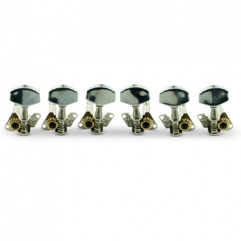 3 Per Side Open Back Steel String Tuning Machines - Chrome with Plated Buttons