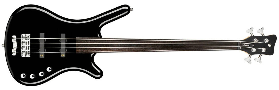 RockBass Corvette Basic, Medium Scale, 4-String Fretless Bass Guitar - Solid Black High Polish