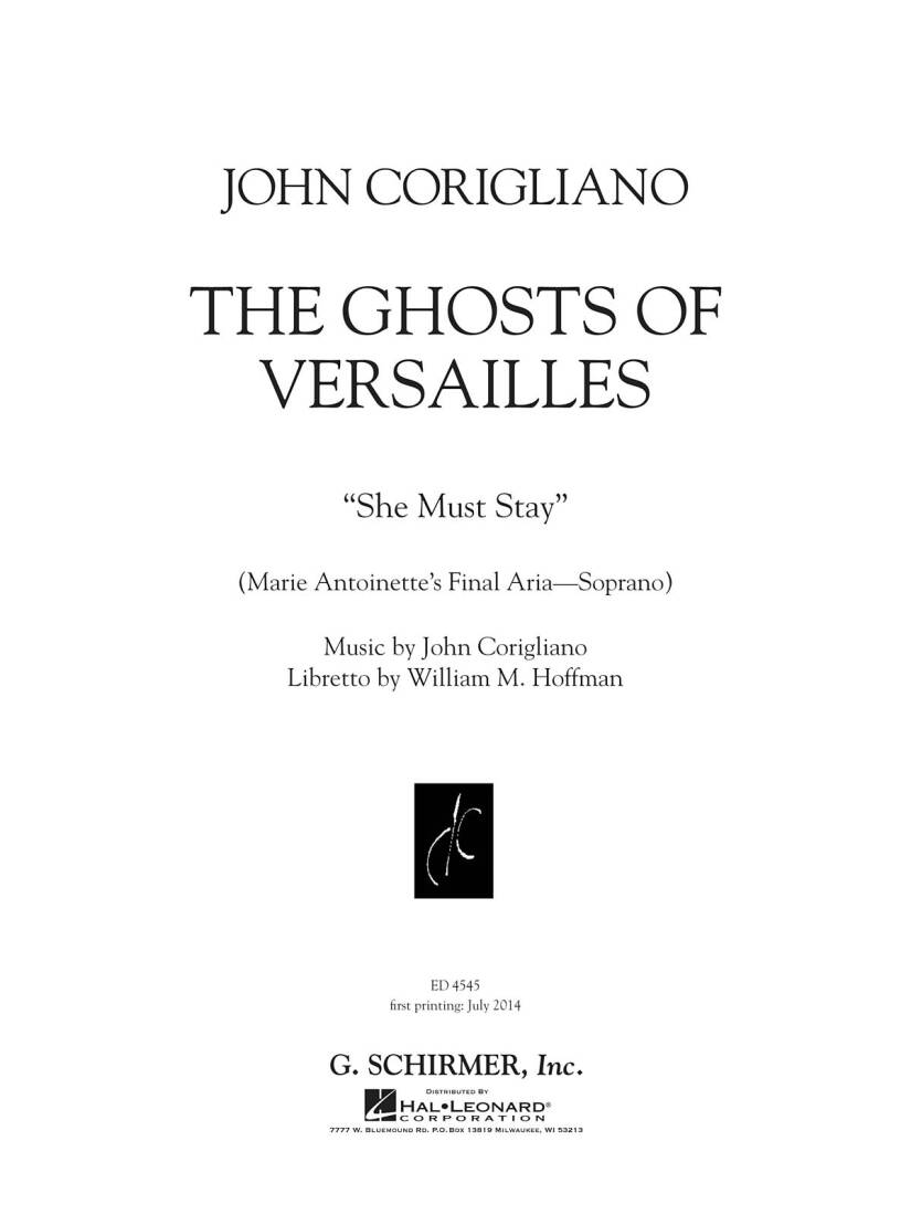 She Must Stay (from Ghosts of Versailles) - Corigliano - Soprano Voice/Piano - Sheet