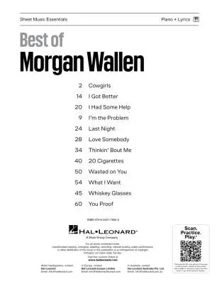 Best of Morgan Wallen - Piano/Lyrics - Book