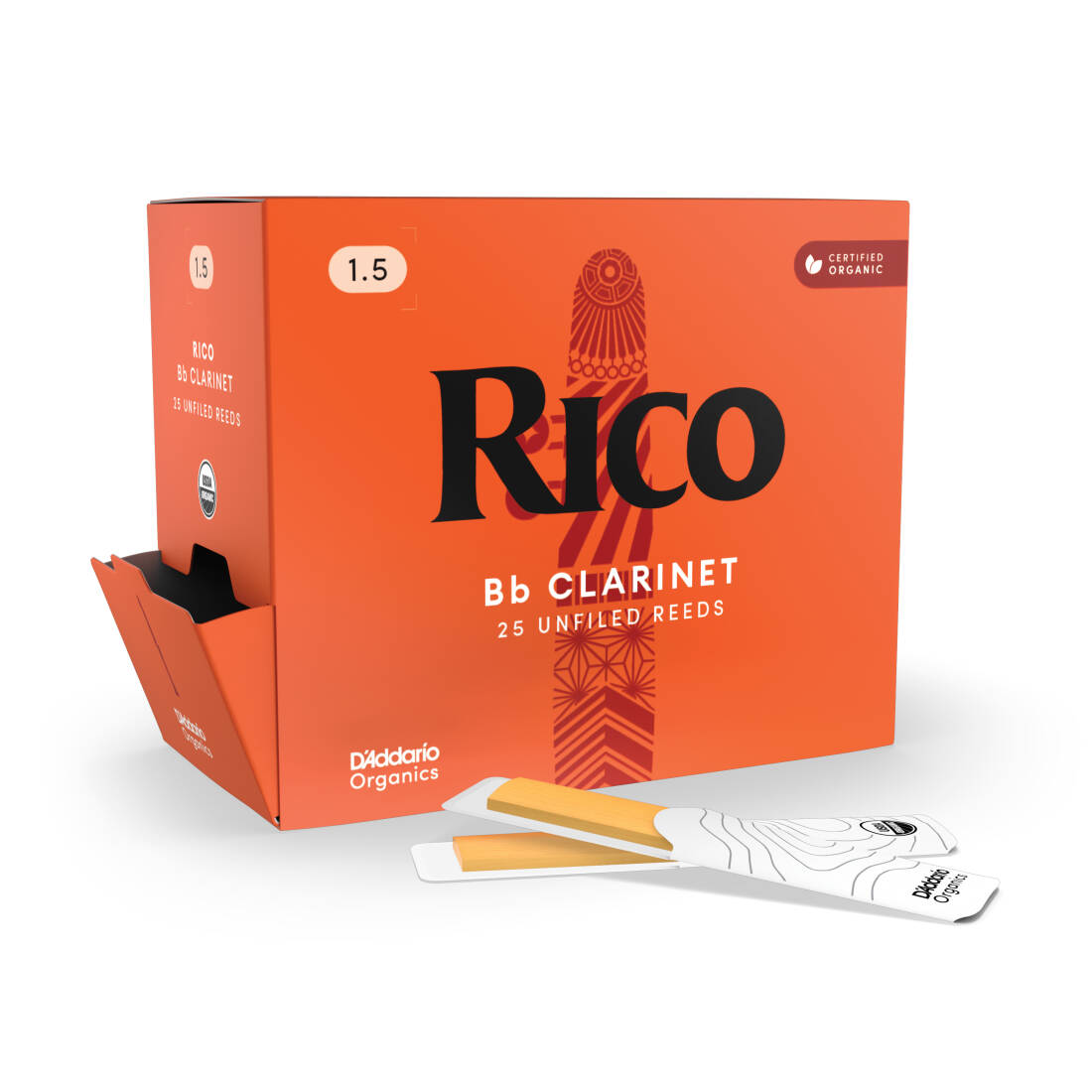 Organic Bb Clarinet Reeds - Strength 1.5, 25-Pack (Individually Sealed)