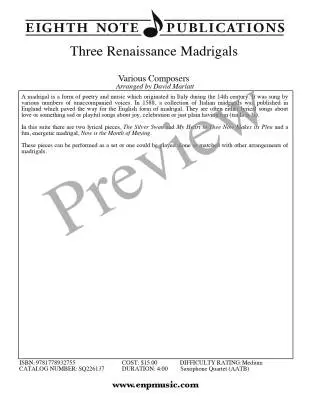 Three Renaissance Madrigals - Marlatt - Saxophone Quartet (AATB)