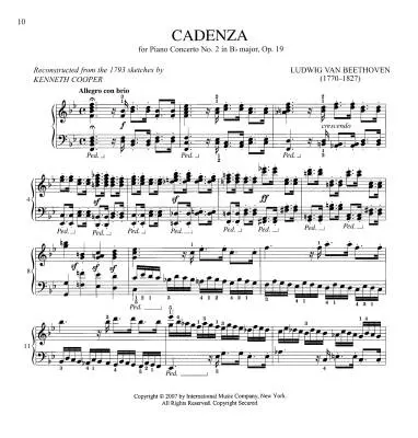 Cadenza for Piano Concerto No. 2 in B flat major, Op. 19 - Beethoven - Piano - Sheet