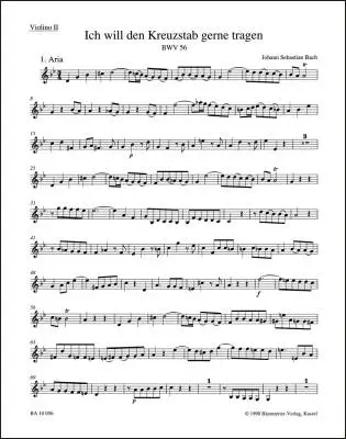 Baerenreiter Verlag - I Will My Cross-staff Gladly Carry BWV 56 Cross Staff Cantata (Kreuzstabkantate) - Bach - Violin II Part