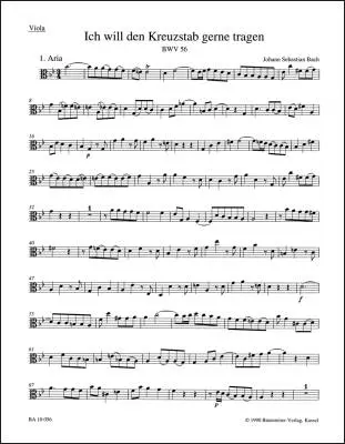 Baerenreiter Verlag - I Will My Cross-staff Gladly Carry BWV 56 Cross Staff Cantata (Kreuzstabkantate) - Bach - Viola Part