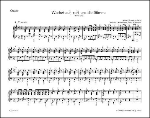 Baerenreiter Verlag - Wake Ye Maids! Hark, Strikes the Hour BWV 140 - Bach - Organ Part, Urtext Edition