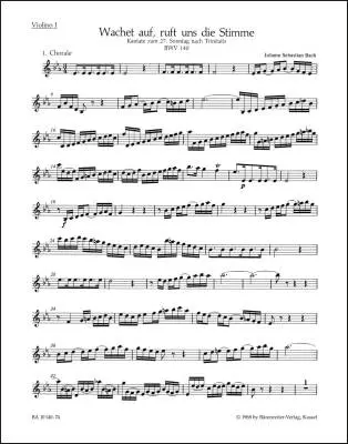 Baerenreiter Verlag - Wake Ye Maids! Hark, Strikes the Hour BWV 140 - Bach - Violin I Part, Urtext Edition