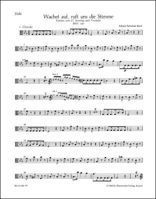 Baerenreiter Verlag - Wake Ye Maids! Hark, Strikes the Hour BWV 140 - Bach - Viola Part, Urtext Edition