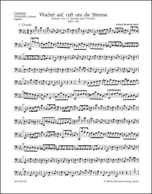 Baerenreiter Verlag - Wake Ye Maids! Hark, Strikes the Hour BWV 140 - Bach - Basso Continuo Part, Urtext Edition