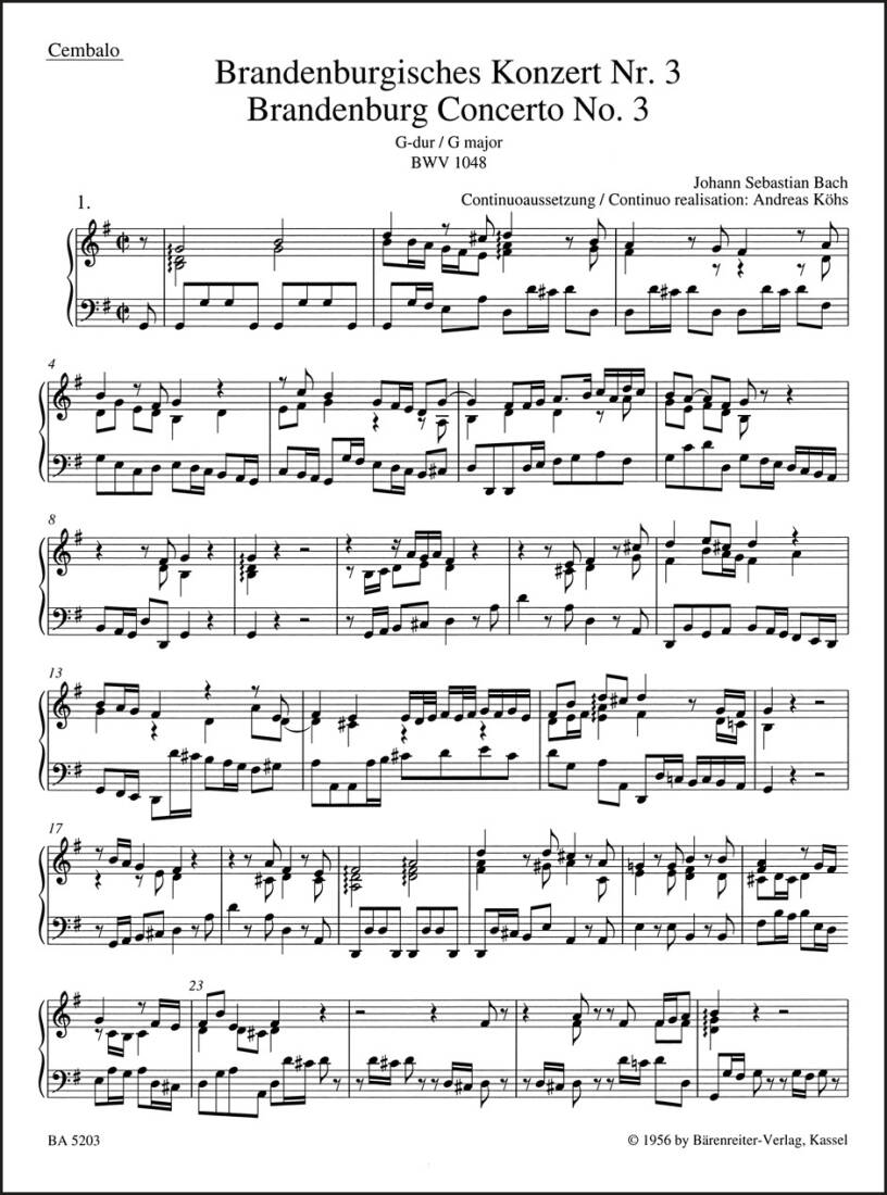 Brandenburg Concerto No. 3 in G Major BWV 1048 - Bach - Harpsichord Part, Urtext Edition