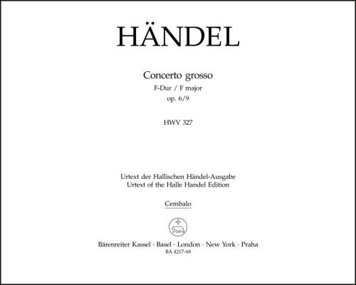 Concerto Grosso in F Major Op. 6/9 HWV 327 - Handel -  Harpsichord Part, Urtext Edition