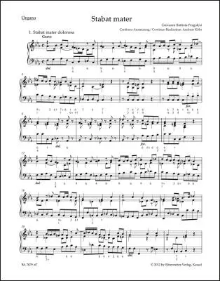 Stabat Mater for Soprano, Alto, Strings and Basso Continuo - Pergolesi - Organ Part, Urtext Edition