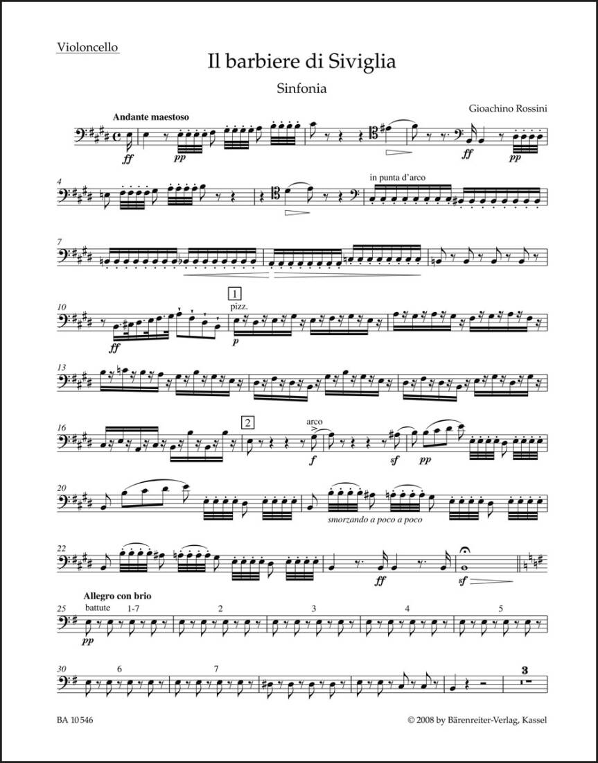 Il Barbiere Di Siviglia (der Barbier von Sevilla). Sinfonia (Ouverture) - Rossini - Cello Part, Urtext Edition
