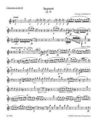 Septet for Clarinet, Bassoon, Horn, Violin, Viola, Violoncello and Double Bass in E-flat Major Op. 20 - Beethoven - Set of Parts, Urtext Edition