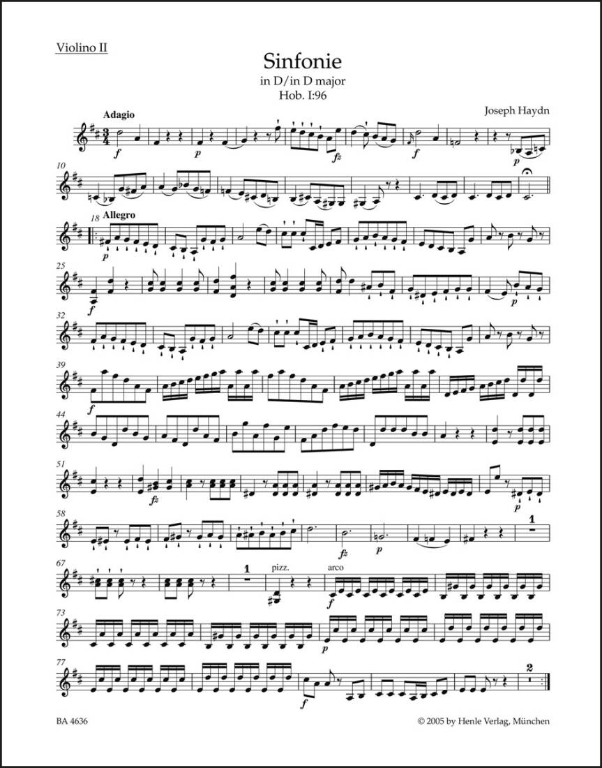 Symphony in D Major Hob. I:96 \'\'the Miracle\'\' - Haydn/ Salomon - Violin II Part, Urtext Edition