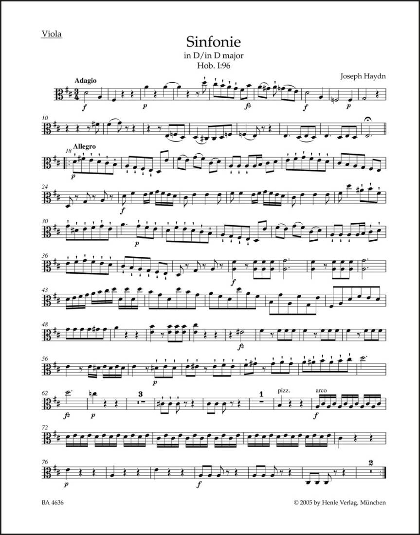 Symphony in D Major Hob. I:96 \'\'the Miracle\'\' - Haydn/ Salomon - Viola Part, Urtext Edition