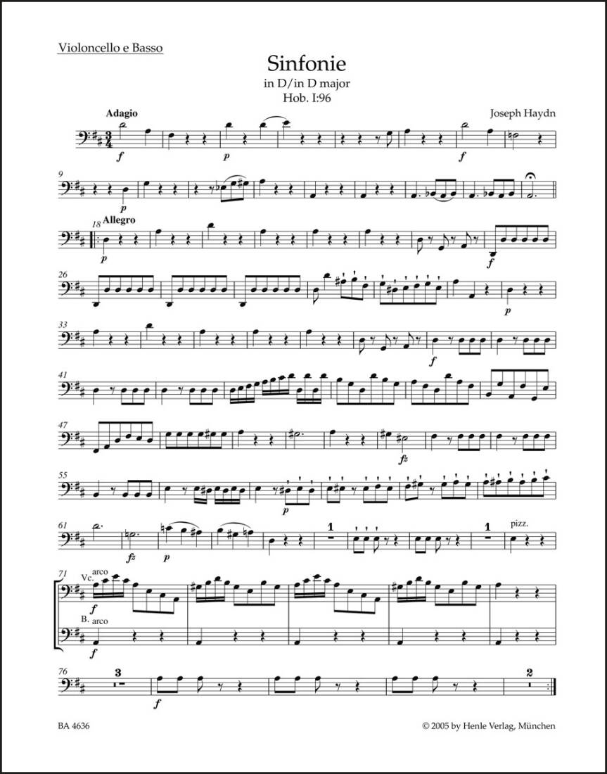 Symphony in D Major Hob. I:96 \'\'the Miracle\'\' - Haydn/ Salomon - Cello/Double Bass Part, Urtext Edition