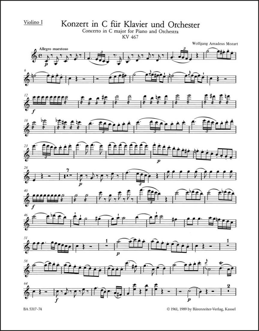 Concerto for Piano and Orchestra No. 21 in C Major K. 467 - Mozart - Violin I Part