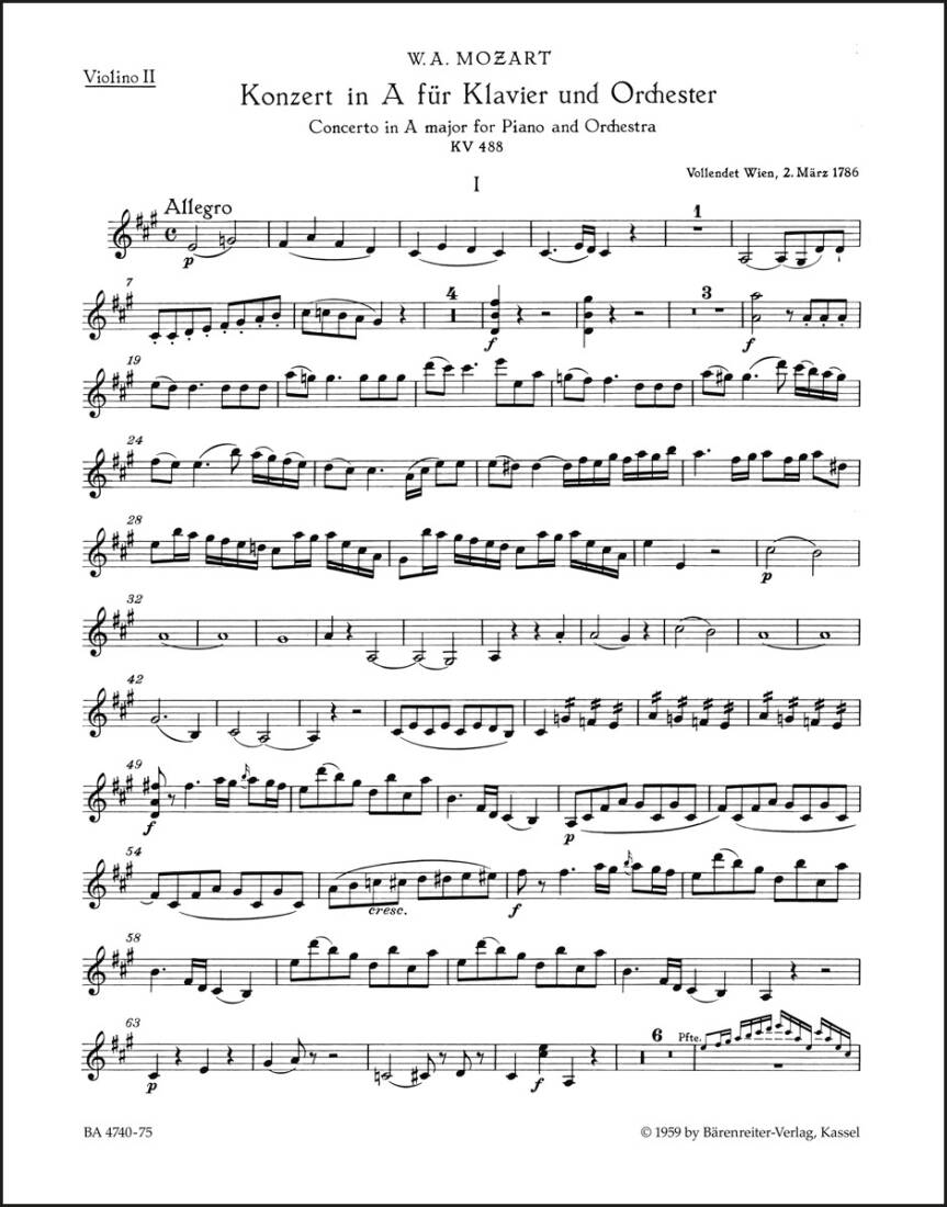 Concerto No. 23 in a Major K. 488 - Mozart - Violin II Part