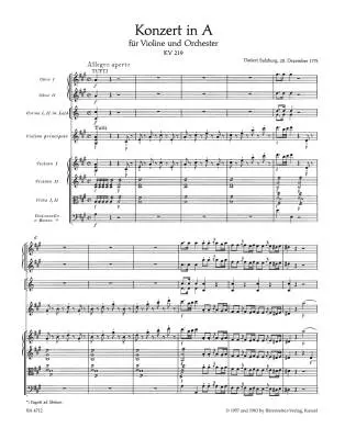 Concerto for Violin and Orchestra No. 5 in a Major K. 219 - Mozart - Score, Urtext Edition - Violin, Orchestra