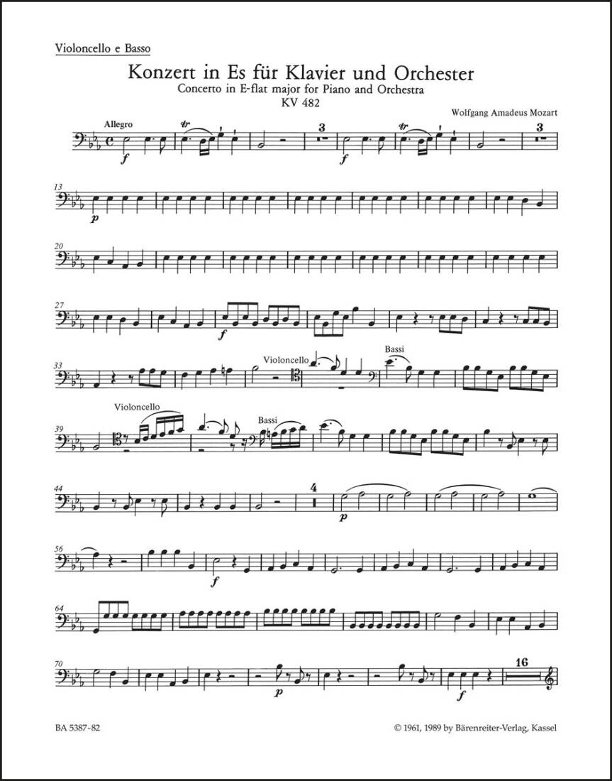 Concerto No. 22 in E-flat Major K. 482 - Mozart - Celllo/Double Bass Part