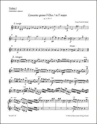 Baerenreiter Verlag - Concerto Grosso in F Major Op. 6/9 HWV 327 - Handel - Violin I Part, Urtext Edition