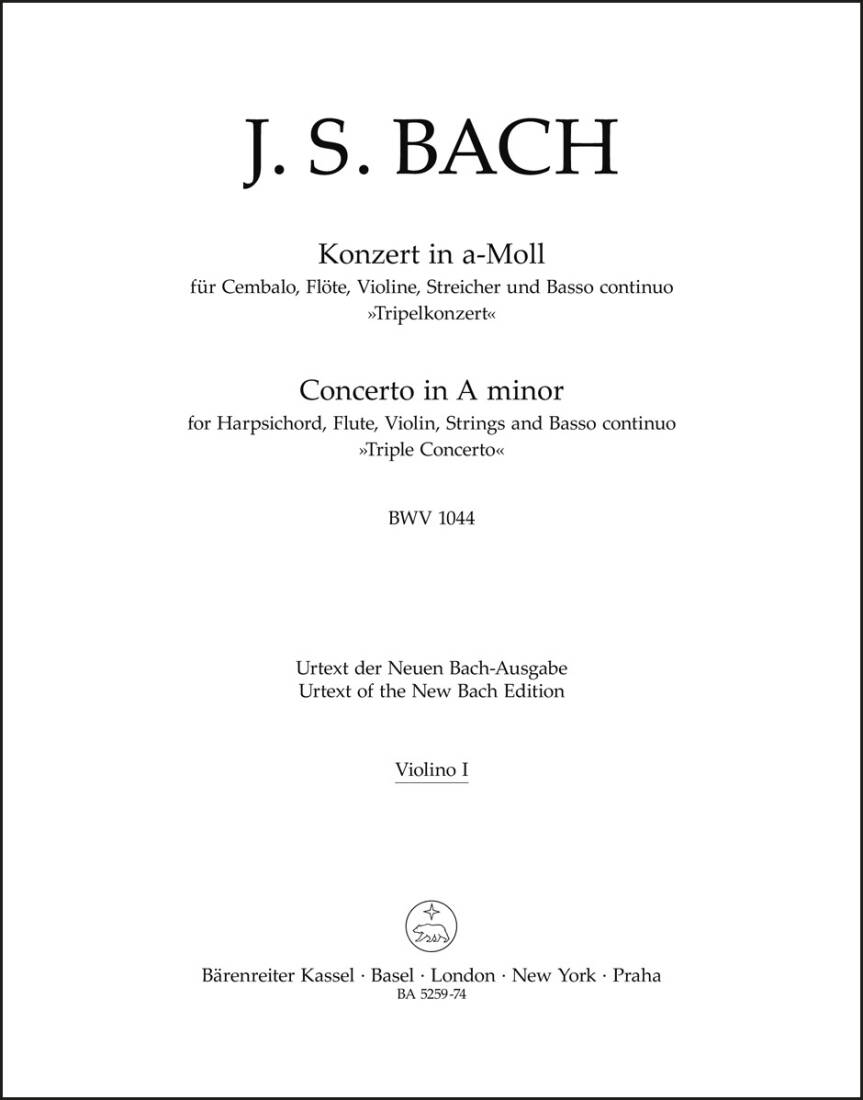 Concerto in a Minor BWV 1044 \'\'Triple Concerto\'\' - Bach - Violin I Part, Urtext Edition