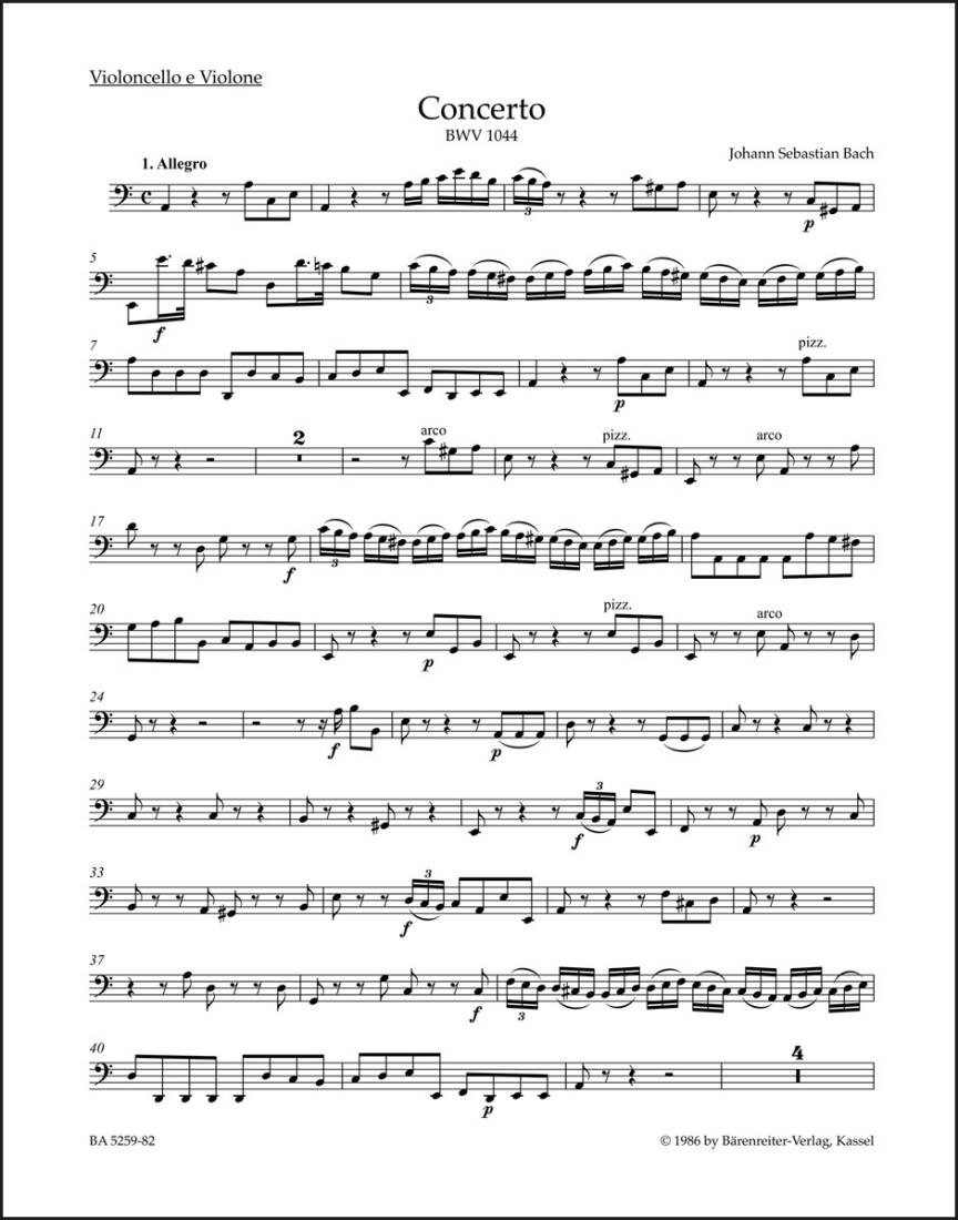 Concerto in a Minor BWV 1044 \'\'Triple Concerto\'\' - Bach - Cello/Violin Part, Urtext Edition