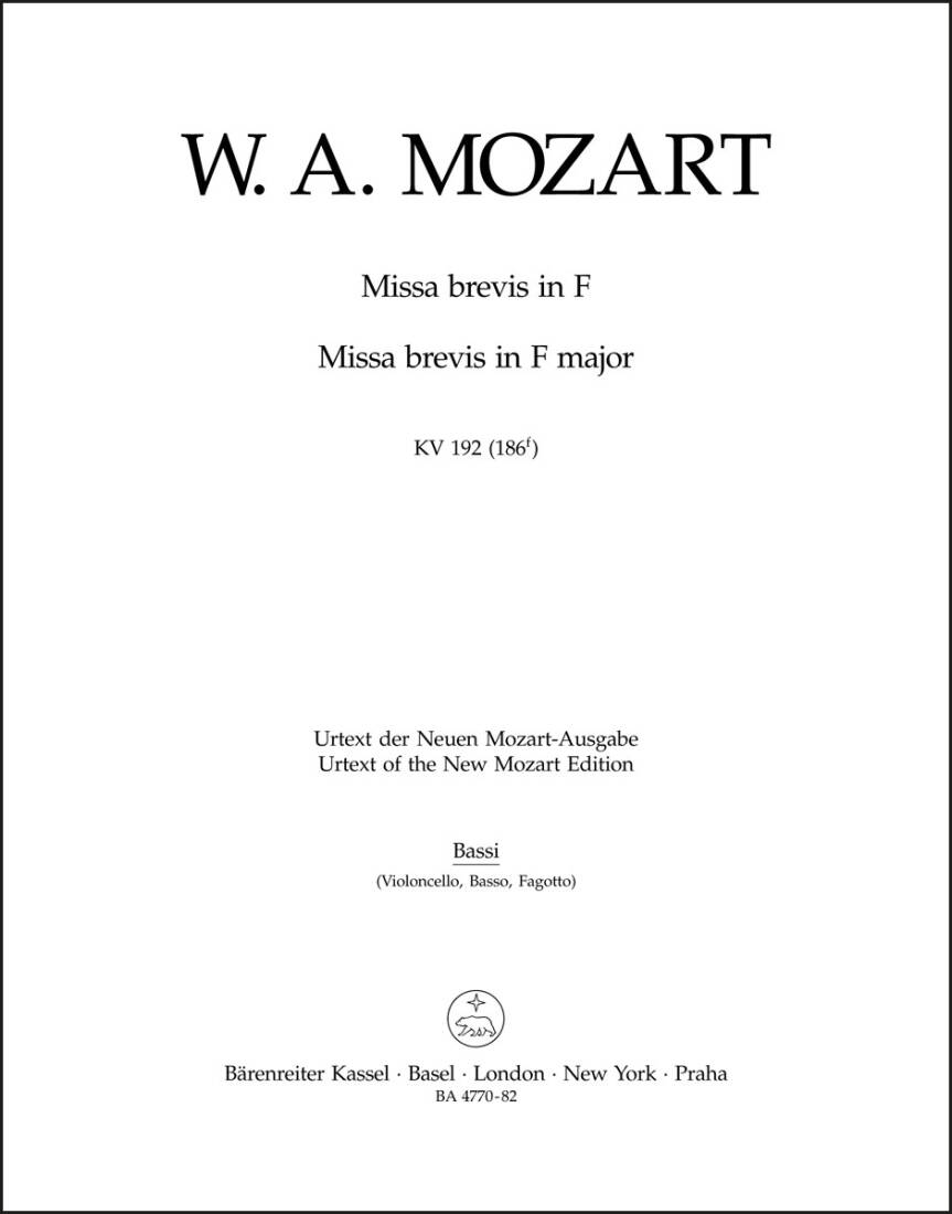 Missa Brevis in F Major K. 192 (186f) - Mozart - Cello/Double Bass/Bassoon Part, Urtext Edition