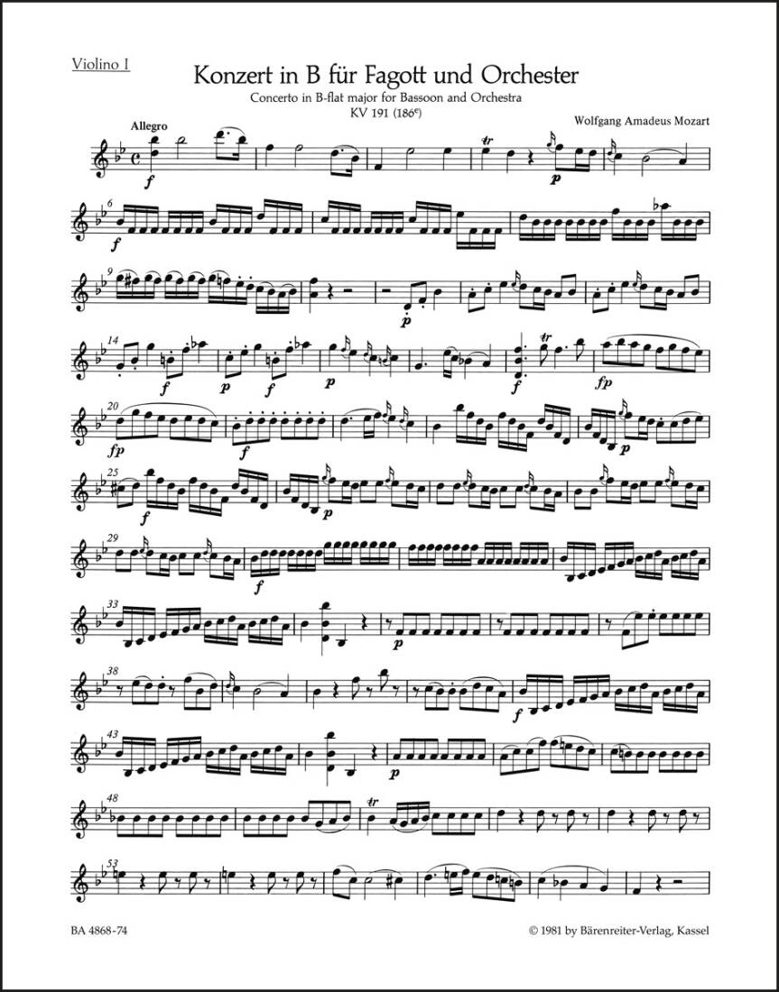 Concerto in B-flat Major K. 191(186e) - Mozart - Violin Part, Urtext Edition