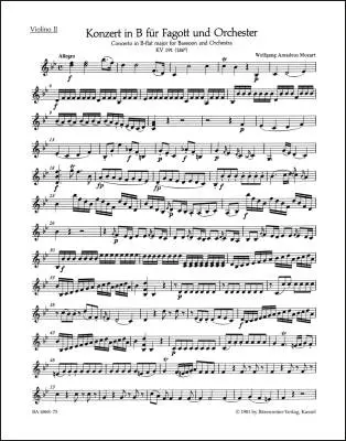 Concerto in B-flat Major K. 191(186e) - Mozart - Violin II Part, Urtext Edition