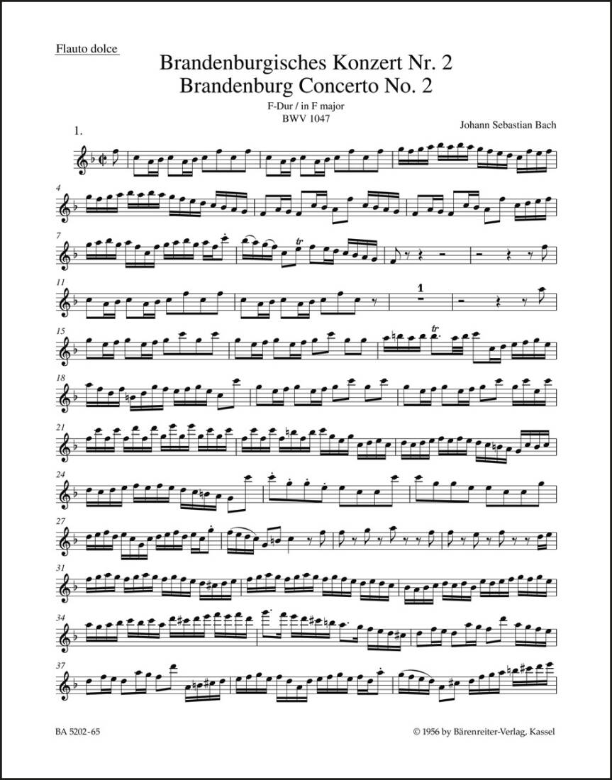 Brandenburg Concerto No. 2 in F Major BWV 1047 - Bach - Wind Set, Urtext Edition