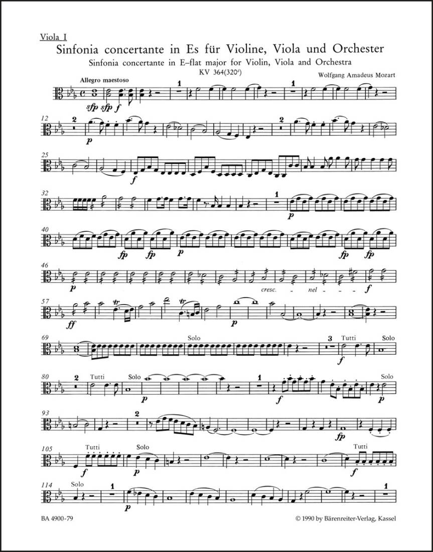 Sinfonia Concertante for Violin, Viola and Orchestra in E-flat Major K. 364 (320d) - Mozart - Part, Urtext Edition