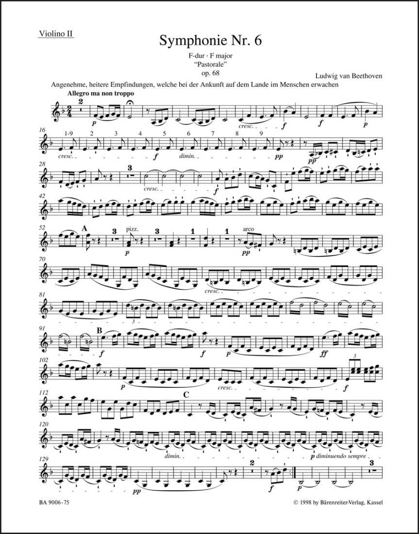 Symphony No. 6 in F Major Op. 68 \'\'Pastorale\'\' - Beethoven - Violin II Part, Urtext Edition