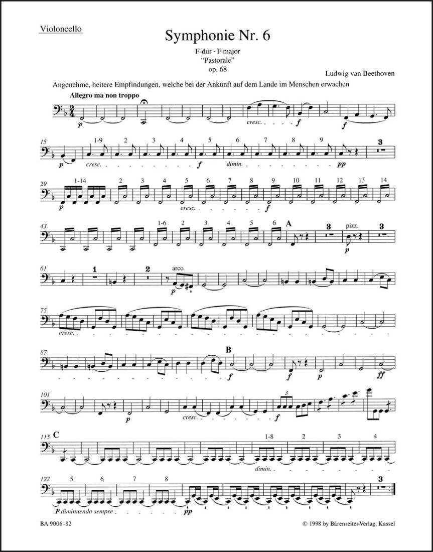 Symphony No. 6 in F Major Op. 68 \'\'Pastorale\'\' - Beethoven - Cello Part, Urtext Edition
