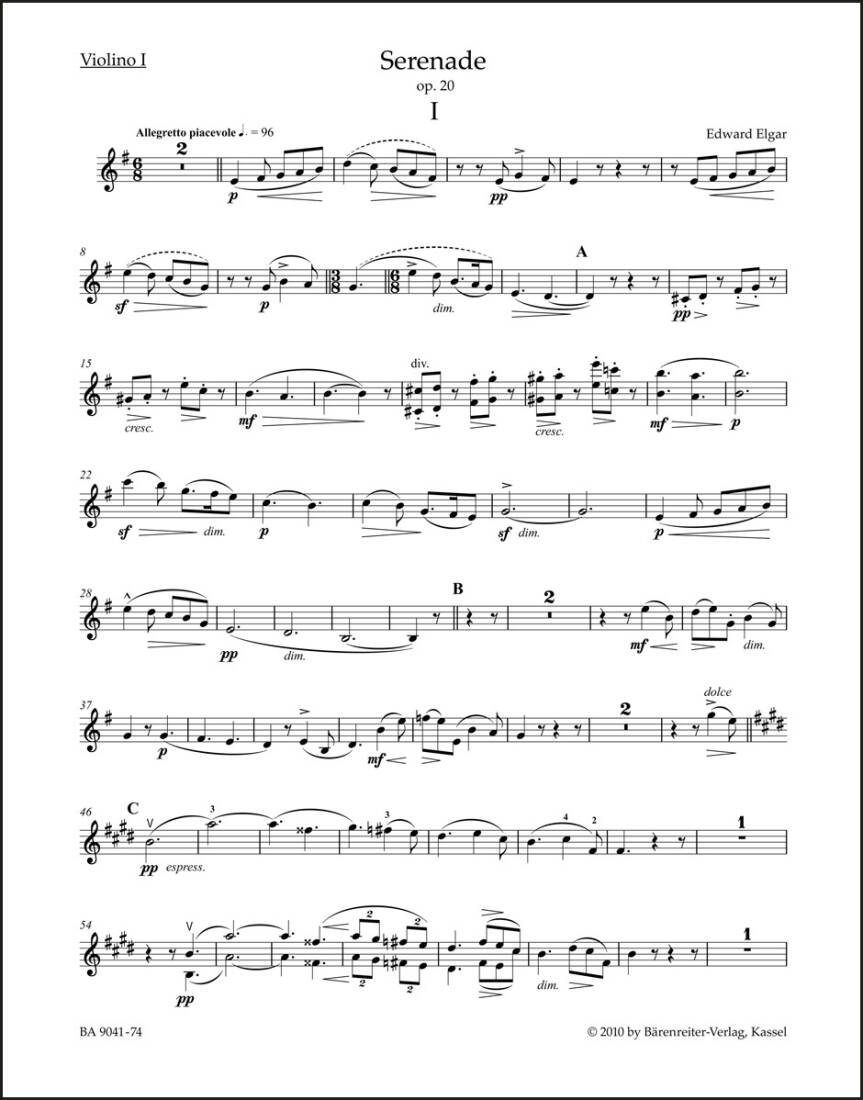 Serenade for Strings Op. 20 - Elgar - Violin I Part, Urtext Edition