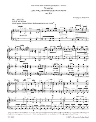 Sonata for Pianoforte in E-flat Major Op. 81a \'\'les Adieux\'\' - Beethoven - Performance Score, Urtext Edition - Piano