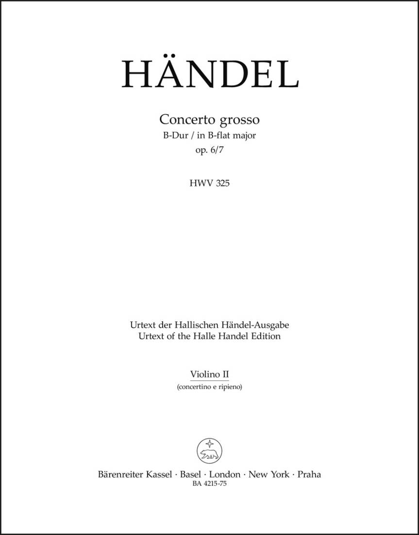 Concerto Grosso in B-flat Major Op. 6/7 HWV 325 - Handel - Part, Urtext Edition