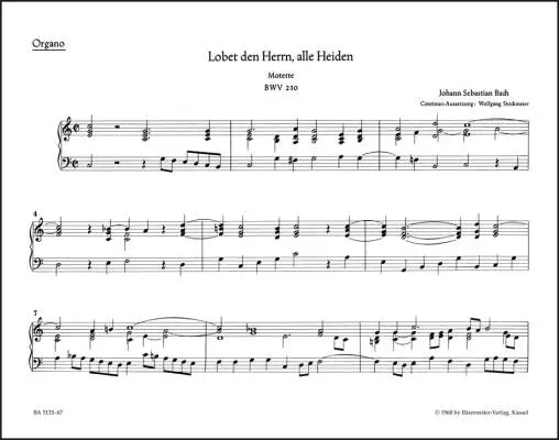Baerenreiter Verlag - Lobet den Herrn, Alle Heiden BWV 230 - Bach - Organ/Basso Continuo Part, Urtext Edition