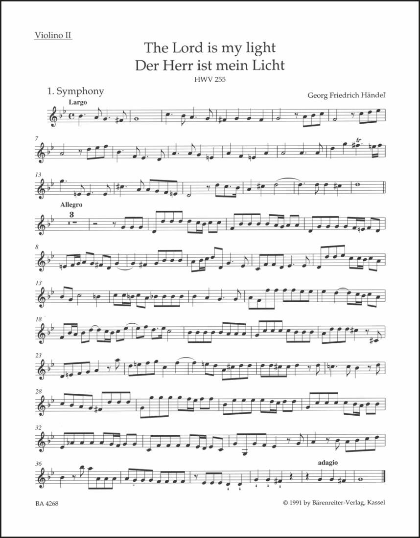 The Lord Is My Light HWV 255 - Handel - Violin II Part, Urtext Edition