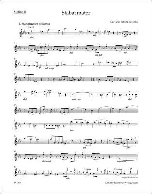 Baerenreiter Verlag - Stabat Mater for Soprano, Alto, Strings and Basso Continuo - Pergolesi - Violin II Part, Urtext Edition