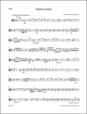 Baerenreiter Verlag - Stabat Mater for Soprano, Alto, Strings and Basso Continuo - Pergolesi - Viola Part, Urtext Edition