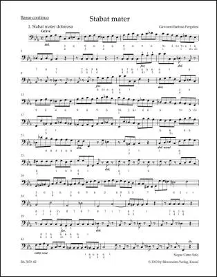 Baerenreiter Verlag - Stabat Mater for Soprano, Alto, Strings and Basso Continuo - Pergolesi - Bass Continuo Part, Urtext Edition